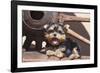 Yorkshire Terrier Puppy laying by wooden wheel-Zandria Muench Beraldo-Framed Photographic Print