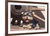 Yorkshire Terrier Puppy laying by wooden wheel-Zandria Muench Beraldo-Framed Premium Photographic Print