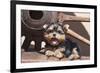 Yorkshire Terrier Puppy laying by wooden wheel-Zandria Muench Beraldo-Framed Premium Photographic Print