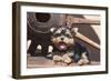 Yorkshire Terrier Puppy laying by wooden wheel-Zandria Muench Beraldo-Framed Photographic Print