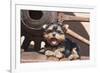 Yorkshire Terrier Puppy laying by wooden wheel-Zandria Muench Beraldo-Framed Photographic Print