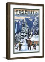 Yosemite Chapel and Snowman - Yosemite National Park, California-Lantern Press-Framed Art Print