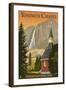 Yosemite Chapel and Yosemite Falls - California-Lantern Press-Framed Art Print