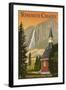 Yosemite Chapel and Yosemite Falls - California-Lantern Press-Framed Art Print