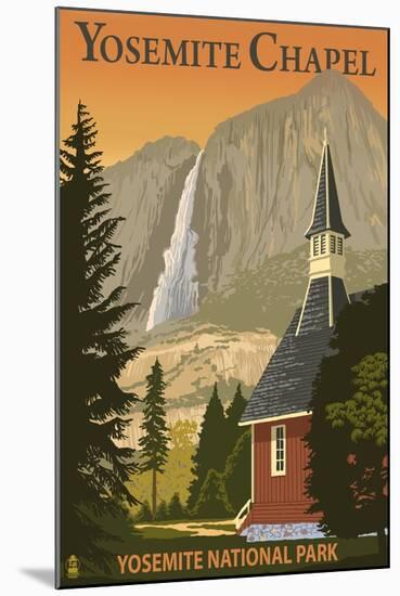 Yosemite Chapel and Yosemite Falls - California-Lantern Press-Mounted Art Print