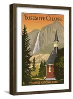 Yosemite Chapel and Yosemite Falls - California-Lantern Press-Framed Art Print