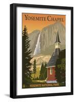 Yosemite Chapel and Yosemite Falls - California-Lantern Press-Framed Art Print