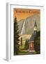 Yosemite Chapel and Yosemite Falls - California-Lantern Press-Framed Art Print