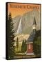 Yosemite Chapel and Yosemite Falls - California-Lantern Press-Framed Stretched Canvas