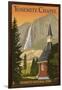 Yosemite Chapel and Yosemite Falls - California-Lantern Press-Framed Art Print