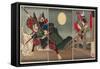 Yoshitsune and Benkei at Gojo Bridge, 1881 (Nishiki-E Woodblock Print, with Bokashi)-Tsukioka Yoshitoshi-Framed Stretched Canvas