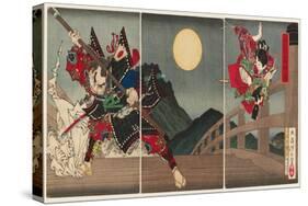 Yoshitsune and Benkei at Gojo Bridge, 1881 (Nishiki-E Woodblock Print, with Bokashi)-Tsukioka Yoshitoshi-Stretched Canvas