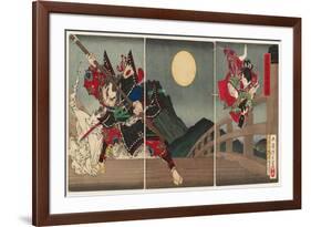 Yoshitsune and Benkei at Gojo Bridge, 1881 (Nishiki-E Woodblock Print, with Bokashi)-Tsukioka Yoshitoshi-Framed Giclee Print