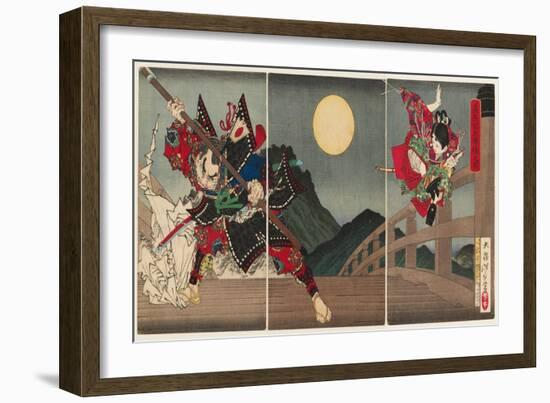 Yoshitsune and Benkei at Gojo Bridge, 1881 (Nishiki-E Woodblock Print, with Bokashi)-Tsukioka Yoshitoshi-Framed Giclee Print