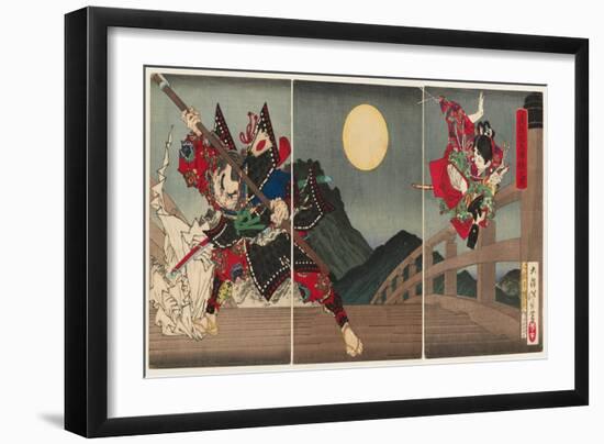 Yoshitsune and Benkei at Gojo Bridge, 1881 (Nishiki-E Woodblock Print, with Bokashi)-Tsukioka Yoshitoshi-Framed Giclee Print
