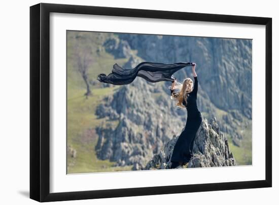 Youn Woman Wearing Black Dress Outdoor on Rocks-geanina bechea-Framed Photographic Print