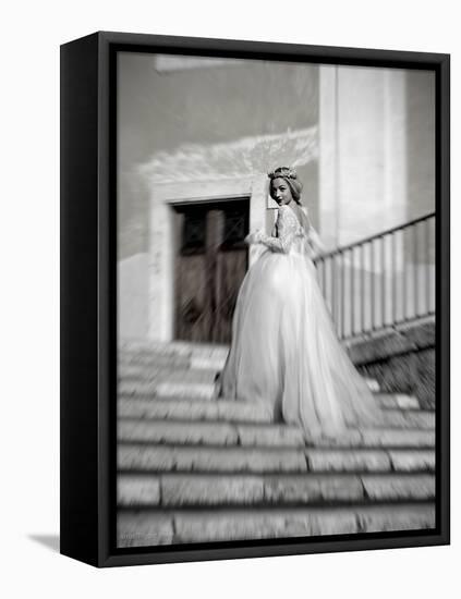 Young Adult Female in Long Wedding Dress Standing on Steps-Steven Boone-Framed Stretched Canvas