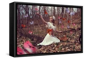 Young Adult Female with Butterflies in Woods-Ariel Marie Miller-Framed Stretched Canvas
