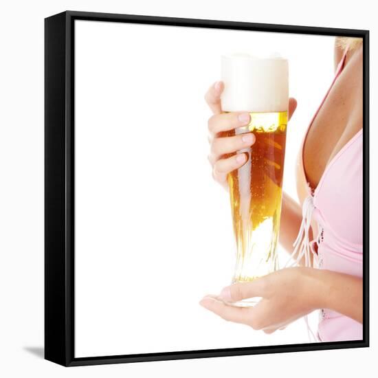 Young Attractive Blonde in Sexy Lingerie Holding a Beer-B-D-S-Framed Stretched Canvas