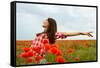 Young Beautiful Woman Walking and Dancing through a Poppy Field, Summer Outdoor.-khorzhevska-Framed Stretched Canvas