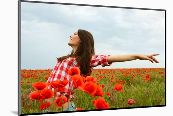 Young Beautiful Woman Walking and Dancing through a Poppy Field, Summer Outdoor.-khorzhevska-Mounted Photographic Print