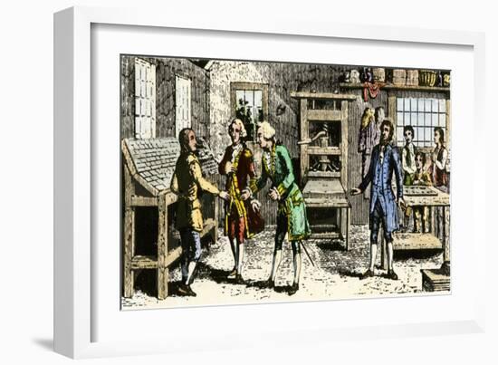 Young Ben Franklin in a Philadelphia Printing Shop, Told by Governor Keith He Should Go to England-null-Framed Giclee Print