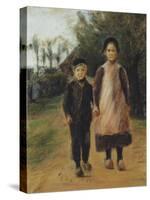 Young Boy and Girl on the Village Street; Junge Und Madchen Auf Der Dorfstrasse, C.1897-Max Liebermann-Stretched Canvas