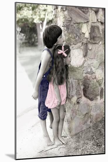 Young Boy and Girl Peeking around a Stone Wall.-Nora Hernandez-Mounted Giclee Print