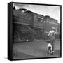 Young Boy and His Dog Standing at the Crossing as a Train Rides Through-Myron Davis-Framed Stretched Canvas