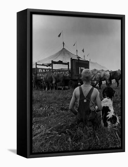 Young Boy and His Dog Watching the Circus Tents Being Set Up-Myron Davis-Framed Stretched Canvas