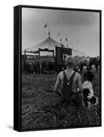 Young Boy and His Dog Watching the Circus Tents Being Set Up-Myron Davis-Framed Stretched Canvas