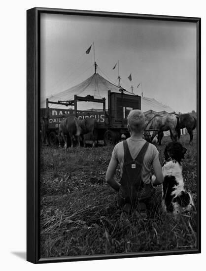 Young Boy and His Dog Watching the Circus Tents Being Set Up-Myron Davis-Framed Photographic Print