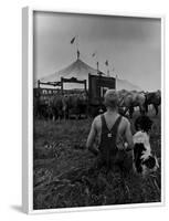 Young Boy and His Dog Watching the Circus Tents Being Set Up-Myron Davis-Framed Photographic Print