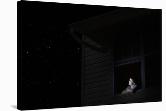 Young Boy at Open Window Looking at Night Sky-Nosnibor137-Stretched Canvas