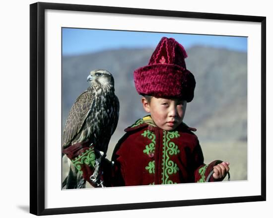 Young Boy Holding a Falcon, Golden Eagle Festival, Mongolia-Amos Nachoum-Framed Photographic Print