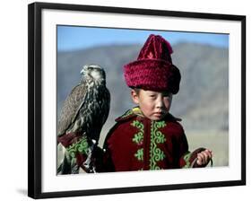 Young Boy Holding a Falcon, Golden Eagle Festival, Mongolia-Amos Nachoum-Framed Photographic Print