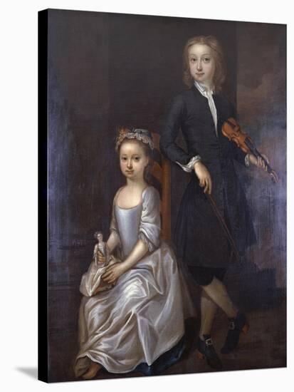 Young Boy Holding a Violin and a Young Girl Holding a Doll-John Vanderbanck-Stretched Canvas