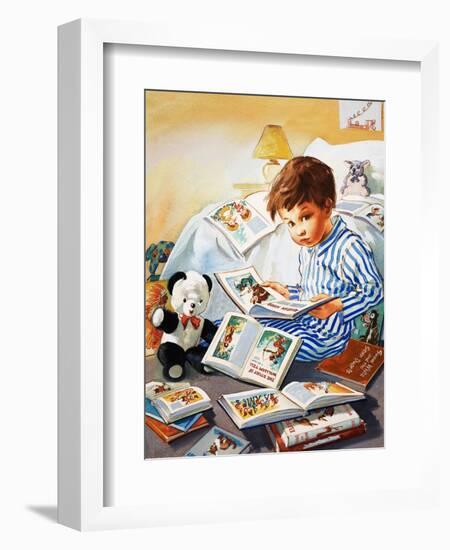Young Boy Reading Story Books-null-Framed Giclee Print