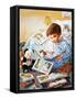 Young Boy Reading Story Books-null-Framed Stretched Canvas