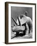 Young Boy Standing Atop Large Statue of Dinosaur in "Dinosaur Park" Tourist Attraction-Alfred Eisenstaedt-Framed Photographic Print