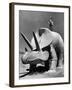 Young Boy Standing Atop Large Statue of Dinosaur in "Dinosaur Park" Tourist Attraction-Alfred Eisenstaedt-Framed Photographic Print