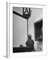 Young Boy Starring at the Loudspeaker Trying to Hear During a Medical Deafness Test-John Dominis-Framed Photographic Print