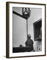 Young Boy Starring at the Loudspeaker Trying to Hear During a Medical Deafness Test-John Dominis-Framed Photographic Print