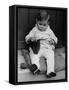 Young Boy Trying to Use Knitting Needles During Drive to Provide Woolen Goods for Servicemen-null-Framed Stretched Canvas