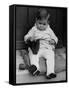 Young Boy Trying to Use Knitting Needles During Drive to Provide Woolen Goods for Servicemen-null-Framed Stretched Canvas