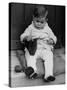 Young Boy Trying to Use Knitting Needles During Drive to Provide Woolen Goods for Servicemen-null-Stretched Canvas