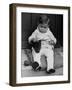 Young Boy Trying to Use Knitting Needles During Drive to Provide Woolen Goods for Servicemen-null-Framed Photographic Print