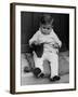Young Boy Trying to Use Knitting Needles During Drive to Provide Woolen Goods for Servicemen-null-Framed Photographic Print