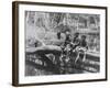 Young Boys Sitting on a Fallen Tree Spanning Small Waterhole While One Uses Homemade Fishing Pole-null-Framed Photographic Print