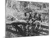 Young Boys Sitting on a Fallen Tree Spanning Small Waterhole While One Uses Homemade Fishing Pole-null-Mounted Photographic Print